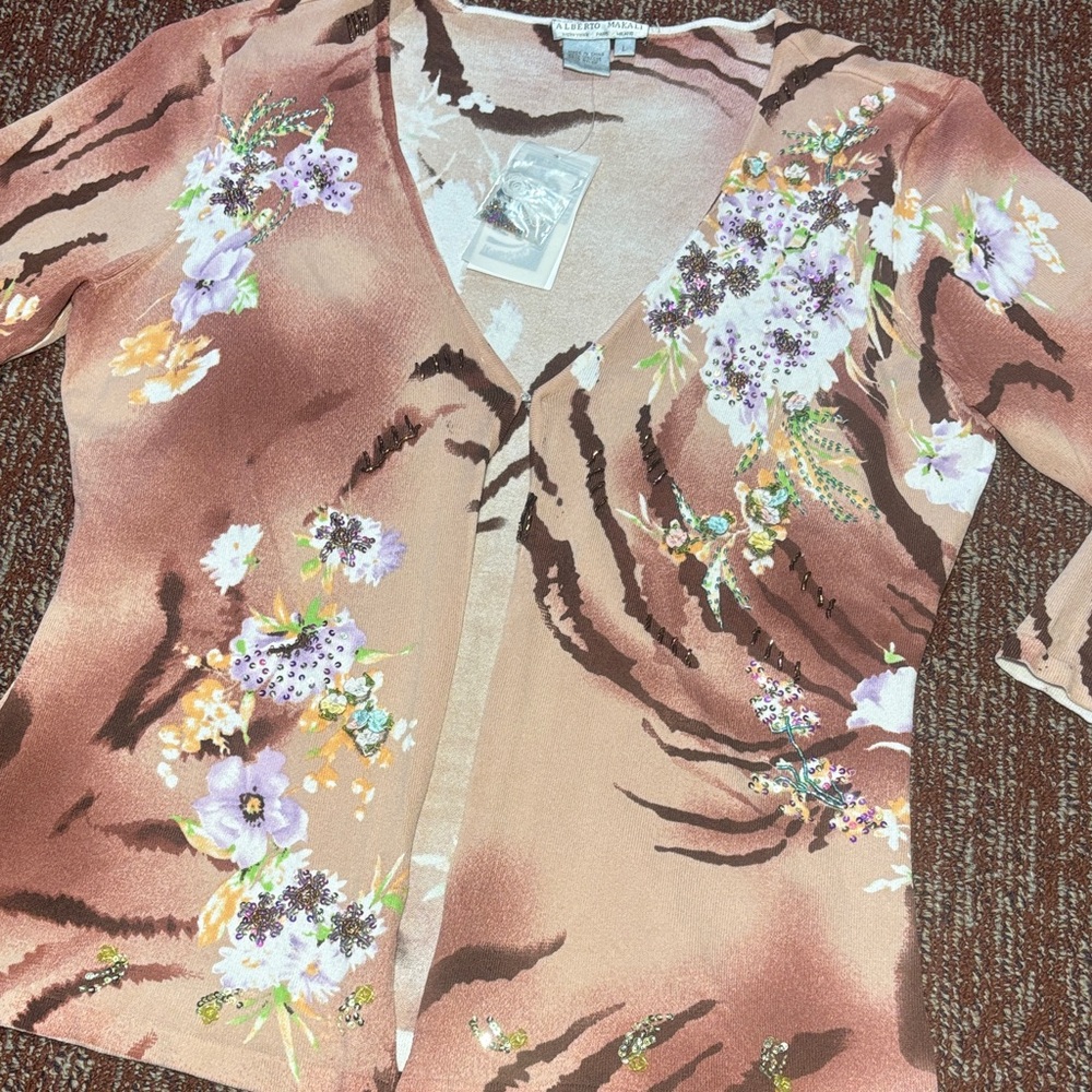 NWT‎ Alberto Makali designer beaded floral long sleeve cardigan lightweight